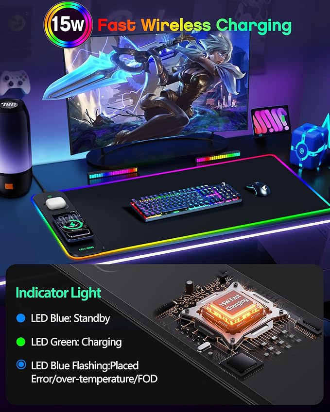 3-in-1 RGB Gaming Mouse Pad with Magnetic Wireless Charging 31.5x15.8 Large 24 Light Effects Non-Slip Base Waterproof Ultra-Smooth Surface with Adapter