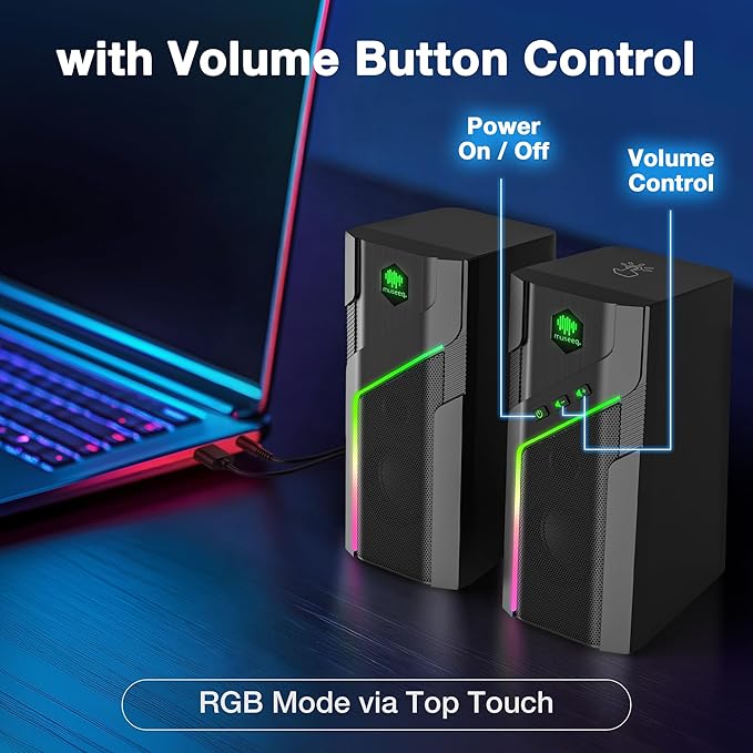 RGB Computer Speakers with Bluetooth 5.1 2.0 USB Powered Desktop Speakers with 21 RGB Light Modes Touch Control 3.5mm AUX Stereo Sound and Heavy Bass for PC Gaming and Office