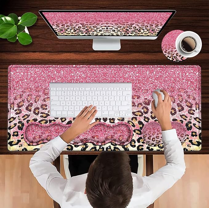 Memory Foam Keyboard Wrist Rest Support + Large Gaming Mouse Pad + Ergonomic Mouse Wrist Support Set Extended Desk Pad with Stitched Edges 31.5×11.8 Pink Leopard Glitter Mousepad Desk Mat