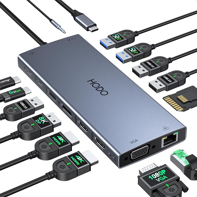 USB C Docking Station Dual Monitor for Dell HP Laptop Docking Station 3 Monitors 15-in-1 USB C Hub Dock with Dual 4K HDMI+8K DP +VGA+6USB Ports+PD+Ethernet+SD/TF+AudioUSBC Adapter Dongle for Lenovo