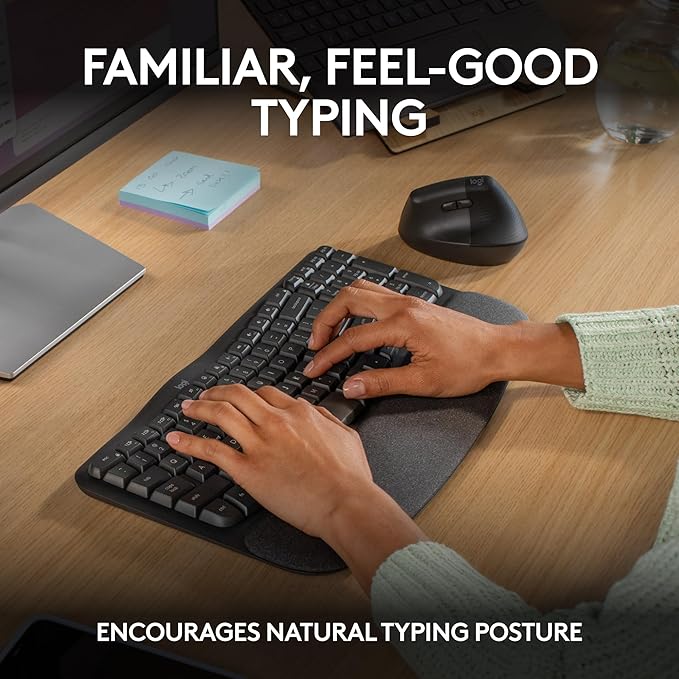 Logitech Wave Keys Wireless Ergonomic Keyboard with Cushioned Palm Rest Comfortable Natural Typing Easy-Switch Bluetooth Logi Bolt Receiver for Multi-OS Windows/Mac - Graphite