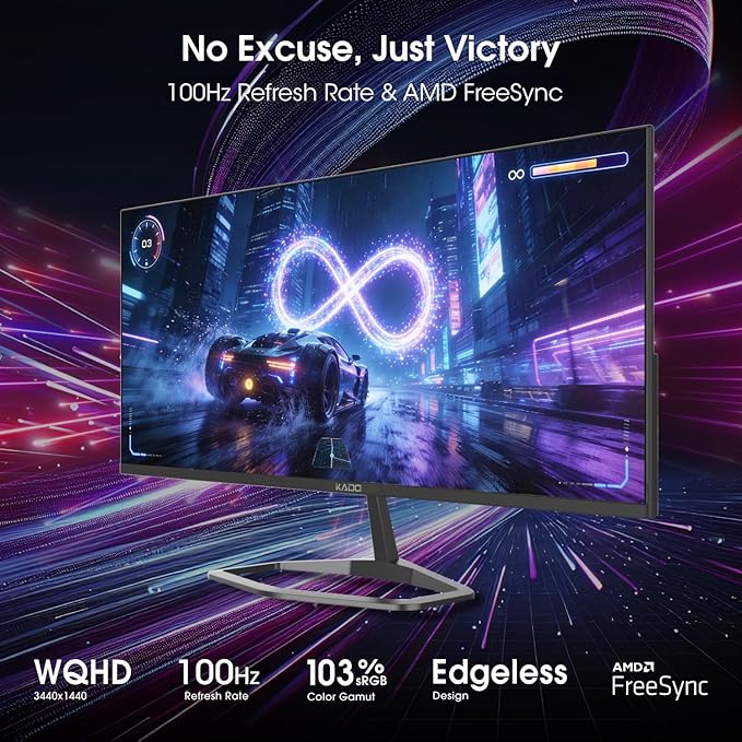 Kado Dual Gaming Monitor Setup - 2-Pack 34 100Hz Ultrawide 21:9 3440x1440 WQHD Computer Monitor 103% sRGB Stacked Gaming AMD FreeSync Premium VESA Mount HDMI DisplayPort Built-in Speakers