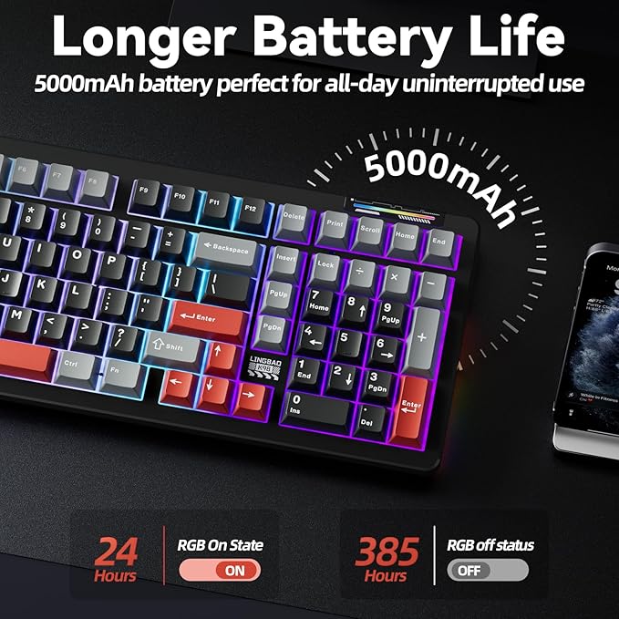 LINGBAO K98 Wireless Mechanical Gaming Keyboard Tri-Mode BT5.0/2.4GHz/USB-C Gasket Custom Hot-Swappable Linear Switches Creamy Keyboard with Number Pad RGB Backlit Gaming Keyboard for PC Laptop