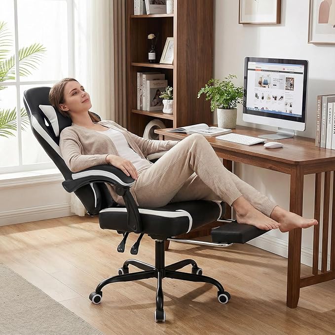 Giantex Gaming Chair Height Adjustable Computer Desk Chair with Headrest Lumbar Support Linkage Armrests Reclining Backrest &amp Footrest Ergonomic Office Chair Video Game Chair (Black)