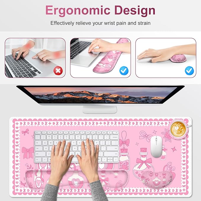 Desk Mat Pad Gaming Mouse Pad Wrist Support Set 4 in1 Non-Slip XXL Large Mousepad + Ergonomic Keyboard Wrist Rest+Mouse Wrist Rest+Coaster for Home Office Computer I Pink Kawaii Bow Bottle