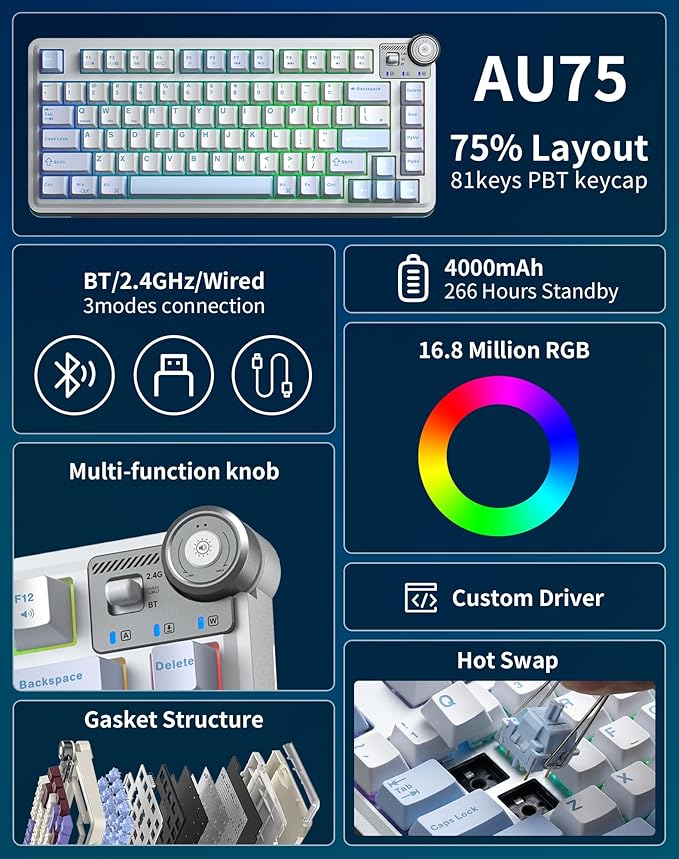 Aula AU75 Wireless Mechanical Keyboard Hot Swap Gasket Gaming Keyboard with Knob BT/2.4G/Wired Custom Keyboard 4000mAh Battery 75% Five-Layer Padding PBT Keycaps RGB Side-Strip for Win/Mac/PC