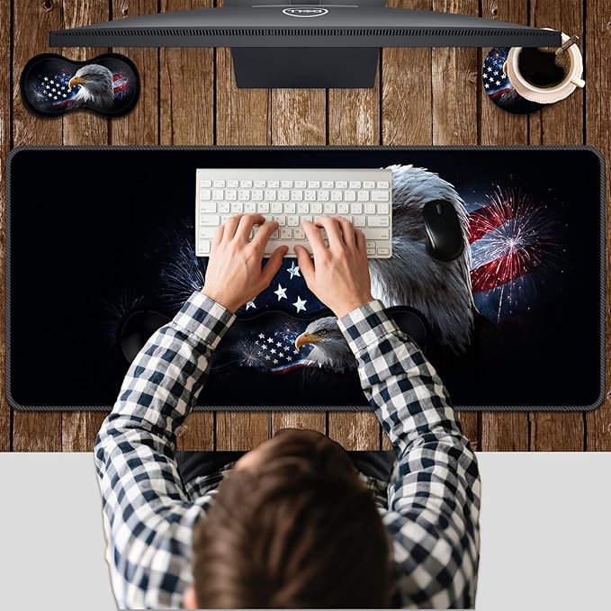 Ergonomic Keyboard Wrist Rest &amp Mouse Pad Wrist Rest SetXL Gaming Desk Mat 31.5x 11.8Non-Slip BaseMemory FoamEasy Typing Pain Relief for Office &amp HomeBald Eagle US Flag Fireworks