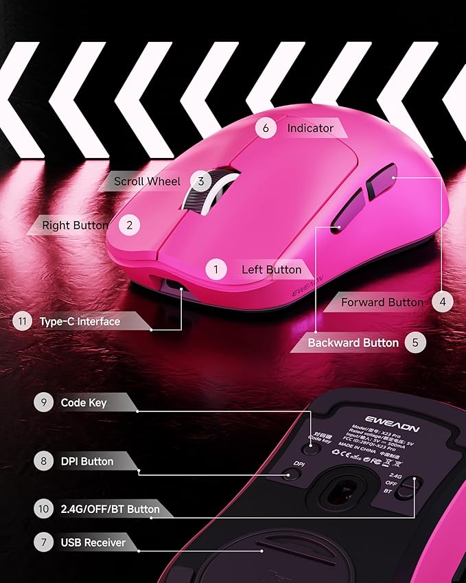 X23Pro Wireless Gaming Mouse 59g Ultra-Lightweight 800mAh Rechargeable Mouse PAW3311 Sensor 12000 DPI Tri-Mode Wireless Mouses with 6 Programmable Buttons Grip Tape for PC/Mac Pink