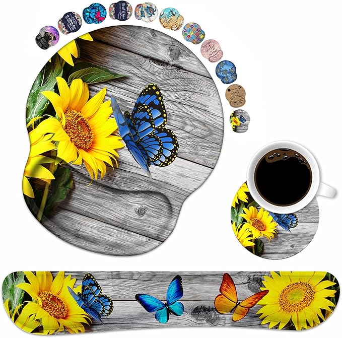 Keyboard Wrist Rest and Mouse Pad Wrist Rest Support Non-Slip PU Base Ergonomic Gaming Mousepad for Home Office Working Studying Easy Typing &amp Pain Relief - Sunflower and Purple Butterfly