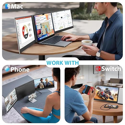 15.6'' Laptop Triple Screen Extender One Cable Connection 1080P FHD IPS Portable Dual Monitor with Speaker Ultra-Slim Travel Monitor for 13-17.3 Laptops Compatible with MacOS Windows Android