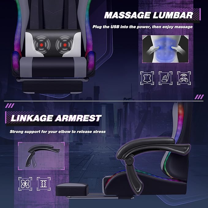 Homall Gaming Chair Video Game Chair with Footrest and Massage Lumbar Support Ergonomic Computer Chair Height Adjustable with Swivel Seat and Headrest (RGB Lvory)