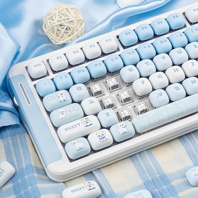 Cute PBT Keycaps Blue MOG Profile 140 Keys Novelty Round Keycap Kawaii Custom Keycap for Gateron Cherry MX Switches Mechanical Keyboard