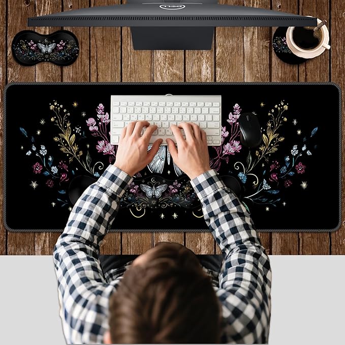 Ergonomic Keyboard Wrist Rest &amp Mouse Pad Wrist Rest SetXL Gaming Desk Mat 31.5x 11.8Non-Slip BaseMemory FoamEasy Typing Pain Relief for Office &amp HomeSilver Butterfly with Flowers