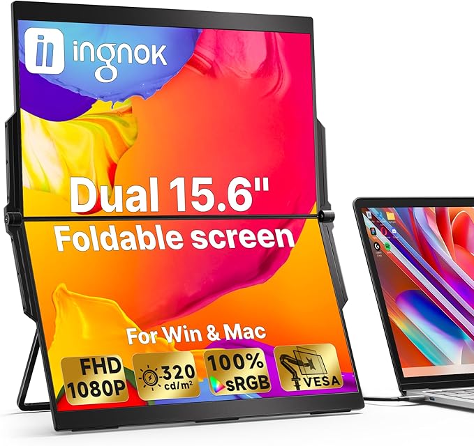 Ingnok 15.6 Dual Monitor FHD 1080P 100% sRGB Laptop Screen Extender for Windows Mac with 4 Speakers 2 HDMI USB C Ports for Office Gaming Triple Monitor