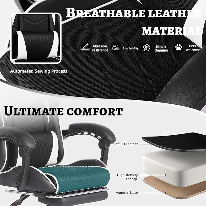 Gaming Chair with Massage for Adults Ergonomic PC Computer Chair with Footrest Comfortable Headrest and Lumbar Support PU Leather Recliner Swivel Rocker Height Adjustable (Black White)