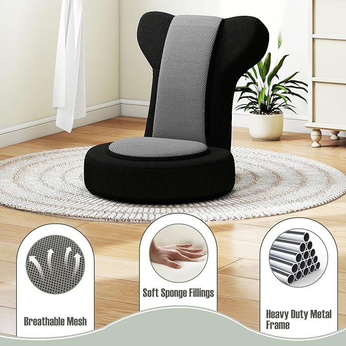 GOFLAME Folding Floor Chair Lazy Sofa Chair with Adjustable Headrest &amp Backrest Sponge Padded Seat Cushion Portable Floor Gaming Chair for Adults Teens Grey