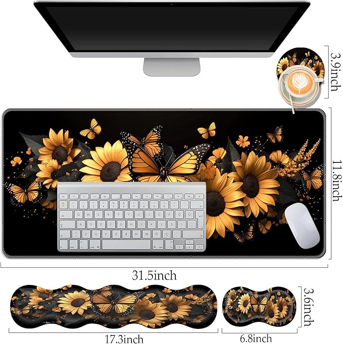 Keyboard Wrist Rest and Mouse Pad Set31.5x11.8 Inches Desk MatWaterproof Non-Slip Ergonomic Wrist Support for Pain ReliefExtended Desk Protector for Office Home GamingButterfly Sunflower