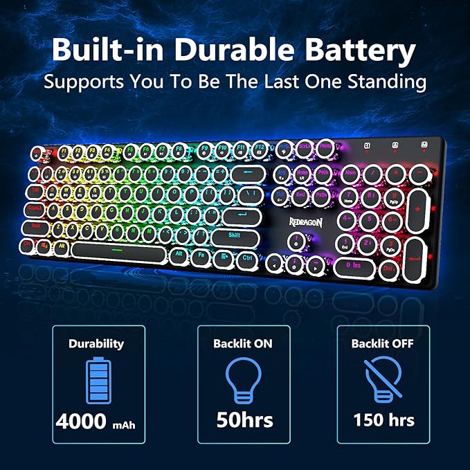 Redragon Typewriter Keyboard Wireless Mechanical Gaming Keyboard Bluetooth/2.4Ghz/Wired RGB LED Backlit Rechargeable Blue Switch - Clicky Solid Metal Panel Round Keycaps Black