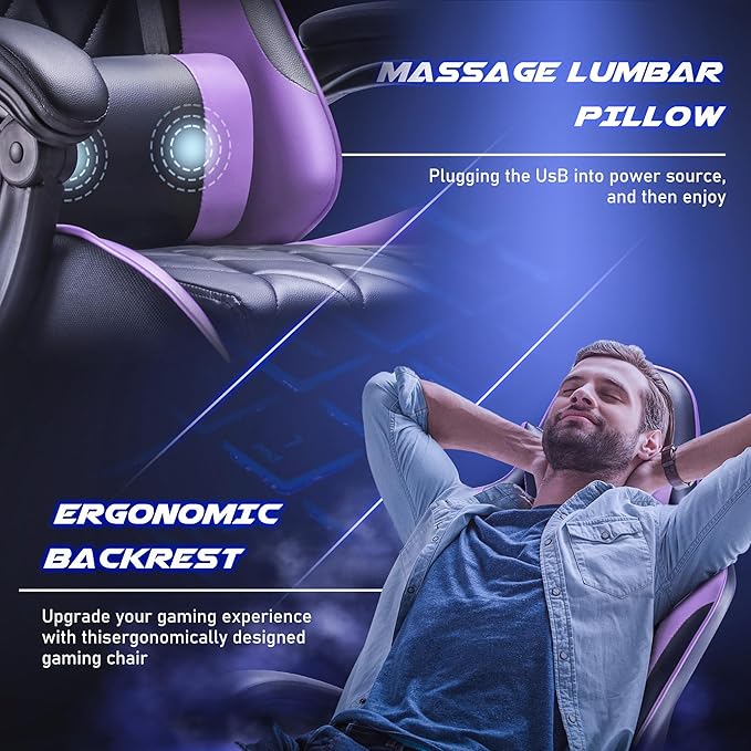 Homall Gaming Chair Computer Chair with Footrest and Massage Lumbar Support Ergonomic High Back Video Game Chair with Swivel Seat and Headrest (Purple)