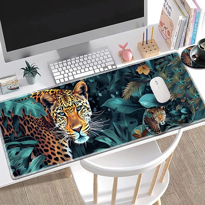Large Gaming Mouse Pad + Mouse Wrist Rest Pad + Coaster Combination 31.5 x 11.8 Durable Non-Slip Extension Table Mat Suitable for Office and Home Leopard Jungle
