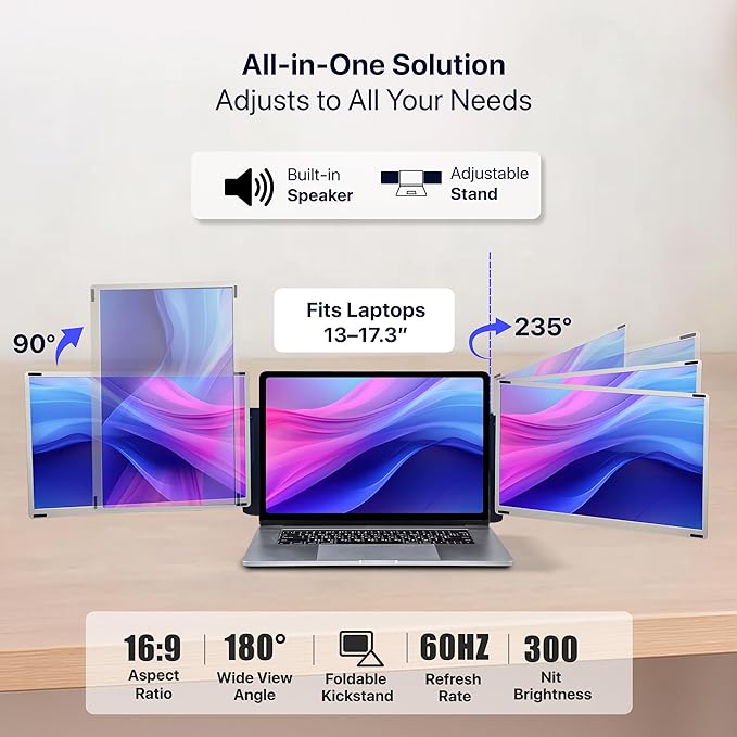 ELK 15.6 Dual Laptop Screen Extender - Laptop Bag &amp Cleaning Kit Included - FHD 1080P IPS - Detachable &amp Adjustable Monitor Extender - with Speakers - Compatible with Mac/Android/Win