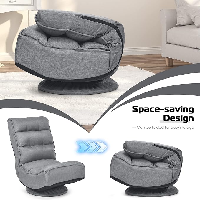 COSTWAY Folding Floor Chair Adjustable 5-Position Video Gaming Chair with 360 Degree Swivel Detachable Cover Padded Backrest Multipurpose Living Room Floor Lounger for TV Reading Playing (Grey)