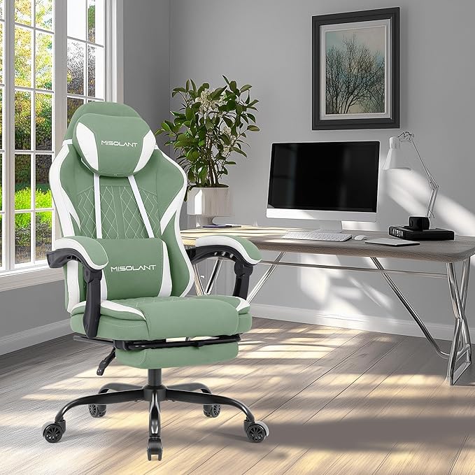 Misolant Gaming Chair Fabric Gamer Chair with footrest for Adults High Back Ergonomic Computer Game Chair with Adjustable Headrest and Massage Lumbar Support 90-155° Recline Free Green