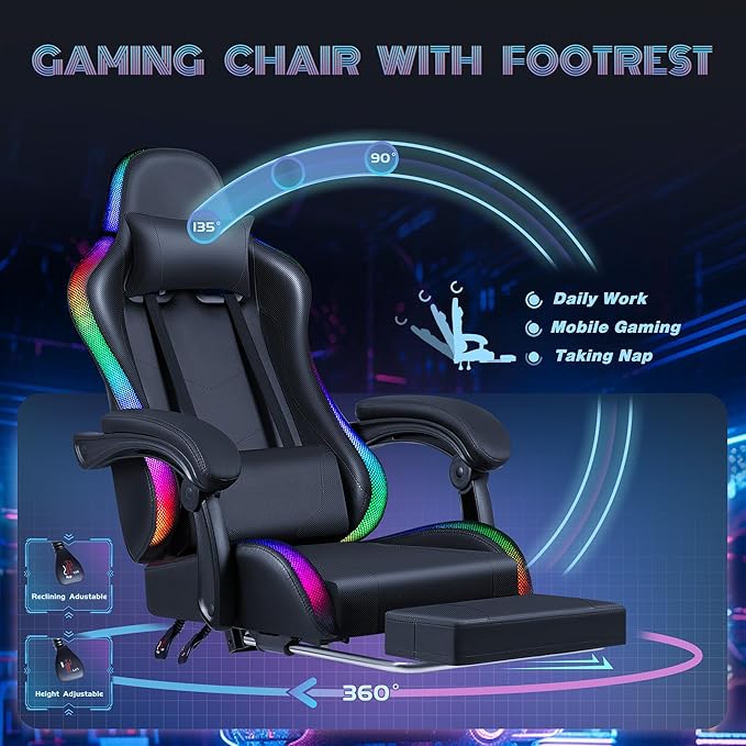 Furmax Gaming Chair with RGB LED Lights Video Game Chair with Footrest and Massage Lumbar Support High Back Reclining Computer Chair with Headrest Swivel Seat Gamer Chair (LED Black)