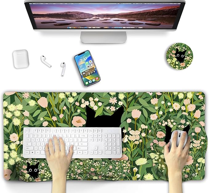 Blusabaca Black Cat Mouse Pad Desk Mat Large Gaming Mouse Pad with Wrist Rest Keyboard Pad Wrist Rest Cup Coaster Work Home Desk Accessories