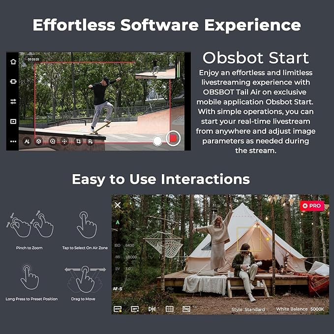 OBSBOT Tail AIR NDI Streaming PTZ CameraSmart RC Controller4K AI-Powered Webcam1.8 CMOSf/1.8 ApertureAI TrackGesture &amp Remote ControlWired&ampWireless ConnectionLiveStream for Church/Mus