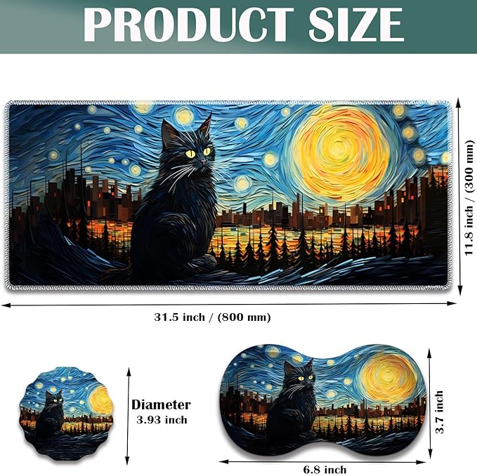 Large Game Mouse Pad + Wrist Support Pad + Coffee Coaster Desk Pad with Sewn Edges Anti-Slip Set pad Suitable for Office Work and Home - Art Moon Starry Night