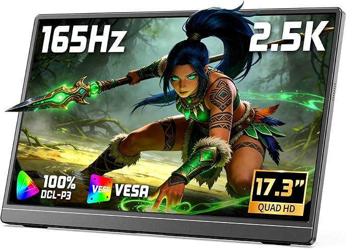 VILVA 17.3'' Portable Monitor 2.5K QHD 165Hz Gaming Display Ultra-Slim Metal Body Built-in Stand USB-C HDMI External Monitor for Laptop PC PS5 Xbox Switch