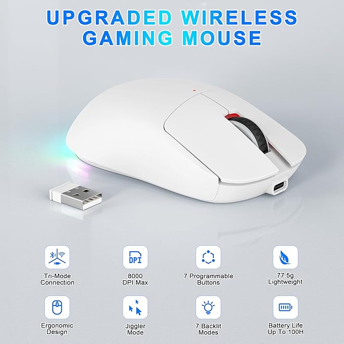 Bluetooth Wireless Gaming Mouse for MacBook Air PC iPad Pro Ergonomic Rechargeable Laptop Mice with Jiggler Mode 8000DPI RGB Computer Mouse Wired/Bluetooth 5.3/2.4G USB 3 Mode Connect - White