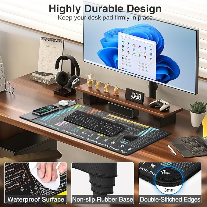Wireless Charging Mouse Pad with Excel Formulas Shortcuts 31.5x15.8 Extra Large Office Spreadsheet Cheat Sheet Desk Mat Waterproof Ultra-Smooth Surface Non-Slip Base