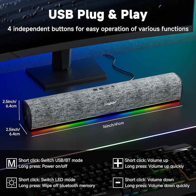 SOULION R100 Bluetooth Computer Speakers with Dynamic LED Light USB Plug &amp Play PC Speakers with Switch Button Clearly Sound Soundbar for Desktop Laptop Monitor(USB-C to USB Adapter Included)