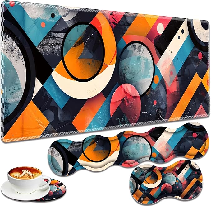 Large Gaming Mouse Pad + Keyboard Wrist Rest + Wrist Support + Coaster Set Memory Foam Ergonomic for Easy Typing XXL Extended Gaming Mouse Pad Table Pad - Abstract Geometric Pattern