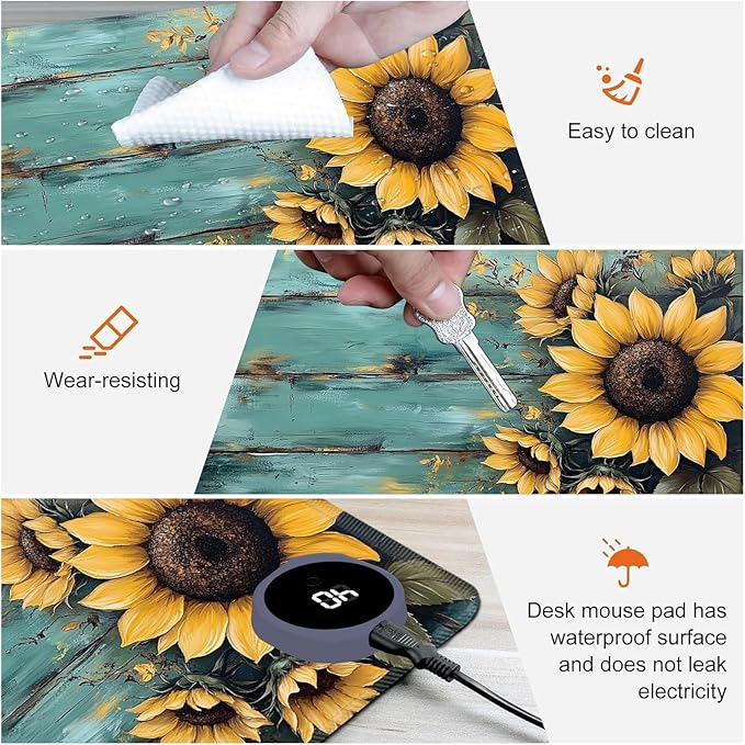 Heated Mouse PadWarm Desk Pad with 3 Levels Heating &amp 3 Hours Auto Shut-Off PU Leather Heated Desk Pad Warmer Pad for Home Office - 31.5 x 13 inchSunflower Blue Wood Grain