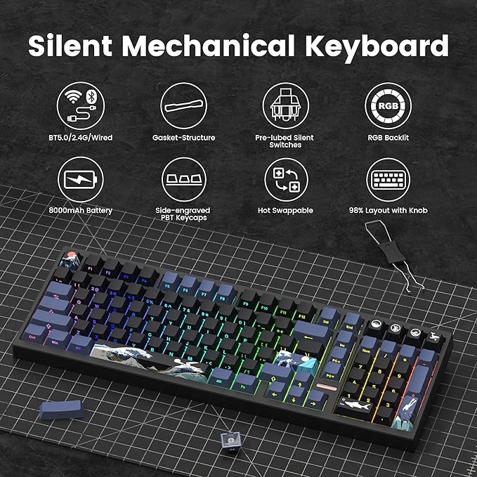 Womier Wireless Gaming Keyboard Mechanical Keyboard 98% Creamy Keyboard RGB Backlit with Number Pad and Volume Knob BT5.0/2.4GHz/USB-C Mode Hot Swappable Custom Keyboard with Linear Switches