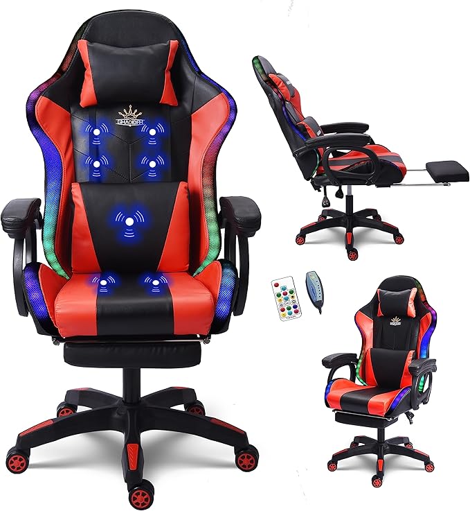 TBQATNTS Massage Gaming Chair with Speakers Reclining Computer Chair with Headrest and Lumbar SupportErgonomic Gaming Chair with Footrest and Led Lights Video Game Chair for Adults Kids.Red