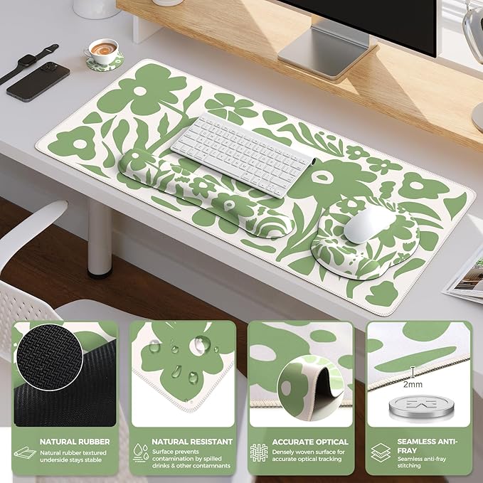 iCasso Desk Cover Mat 4in1 Floral Large Mouse Pad with Wrist Rest Desk Matt for Desktop Anti-Slip XXL Big Computer Ergonomic Mousepad with Wrist Support for Keyboard and Mouse (Green)