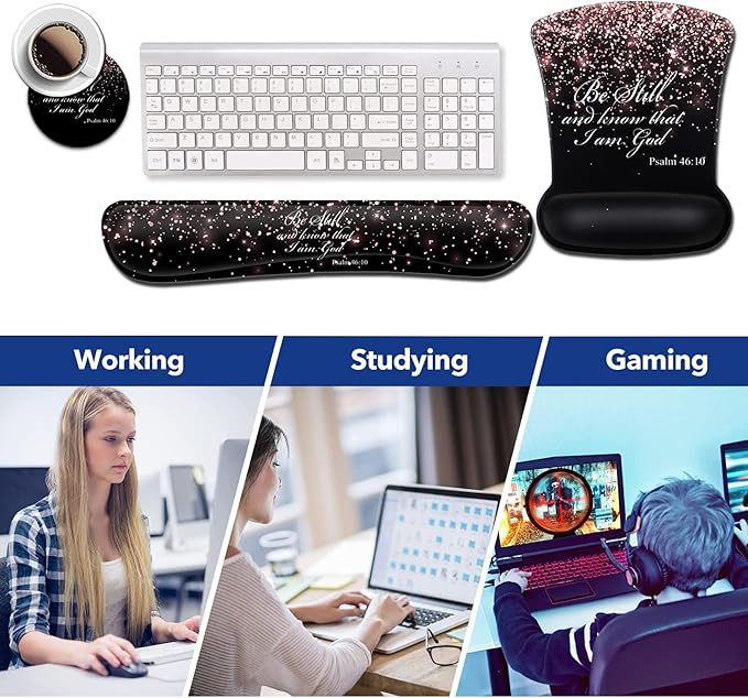 Keyboard Wrist Rest and Mouse Pad with Wrist Support Ergonomic Gel Mouse Pad and Coaster for Easy Typing Pain Relief Memory Foam Keyboard Wrist RestPsalm 46-10 Rose Gold Glitter Black Mousepads