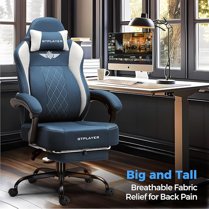 GTPLAYER Big and Tall Gaming Chair Breathable Fabric Computer Chair with Strong Lumbar Support Comfortable Office Chairs with Pocket Spring Cushion High Back Ergonomic Desk Chairs with Footrest