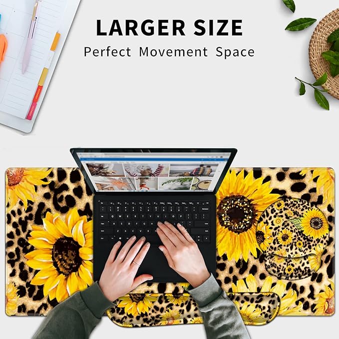 3 in 1 Full Desk Mouse Pad and Keyboard Wrist Rest Set Extended Gaming Mouse Pad + Ergonomic Keyboard and Mouse Mat with Soft Memory Foam Wrist Support for Office Home Sunflowers with Leopard Print