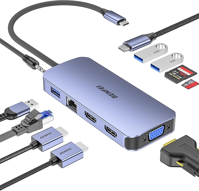 BENFEI 11-in-1 USB C Hub Triple Display Docking Station Dual HDMI VGA 3*USB 3.0 1Gbps Ethernet 100W Power Delivery SD/TF Card Reader 3.5mm AUX Audio Compatible with MacBook XPS Surface