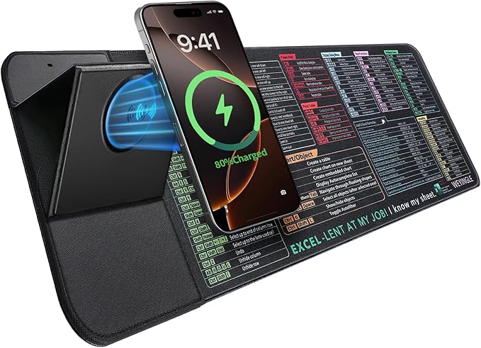 Excel Shortcut Keys with Wireless Charging Phone Holder Gaming Mousepad Desk Mat 15W Qi Smooth Surface Non-Slip Extended Computer Keyboard Mat for MacBook PC Laptop