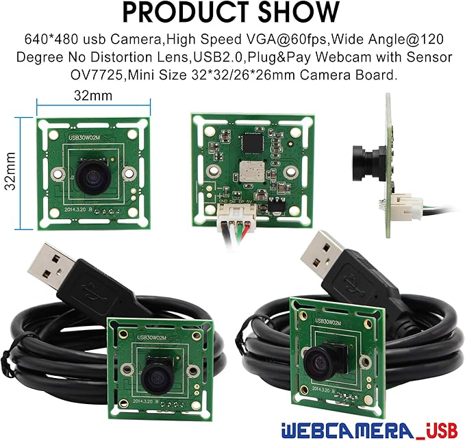 ELP VGA Super Mini Wide Angle USB Camera Module with 120degree Lens High Speed 480P 60fps UVC USB2.0 Video Webcam Board OV7725 Embedded Industrial PC Camera for Laptop Raspberry Pi Jetson Nano