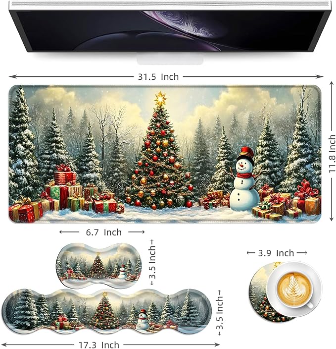 Keyboard Mouse Pad Set Extended Gaming Mouse Pad+Ergonomics Keyboard Wrist Rest Support Memory Foam Easy Typing Pain Relief 4Pcs XL Ultra Thick Desk MatChristmas Tree Snowman