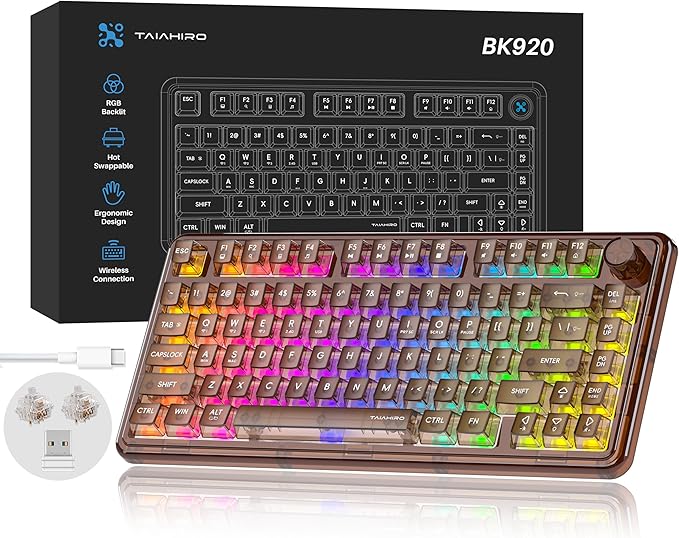 Transparent Mechanical Keyboard 80-Key RGB Backlit Wireless Gaming Keyboards Hot Swap Customizable Clear Acrylic Design Quiet Linear Switches 3 Modes BT5.0/2.4G/USB-C 4000mAh Battery (Brown)