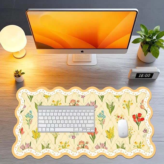 Idocolors Desk Mat for Keyboard and Mouse Large Aesthetic Scalloped Desktop MatCute Washable Non-Slip Computer Desk Mouse Pad for Office Home 31.5x15.7 Yellow Flower