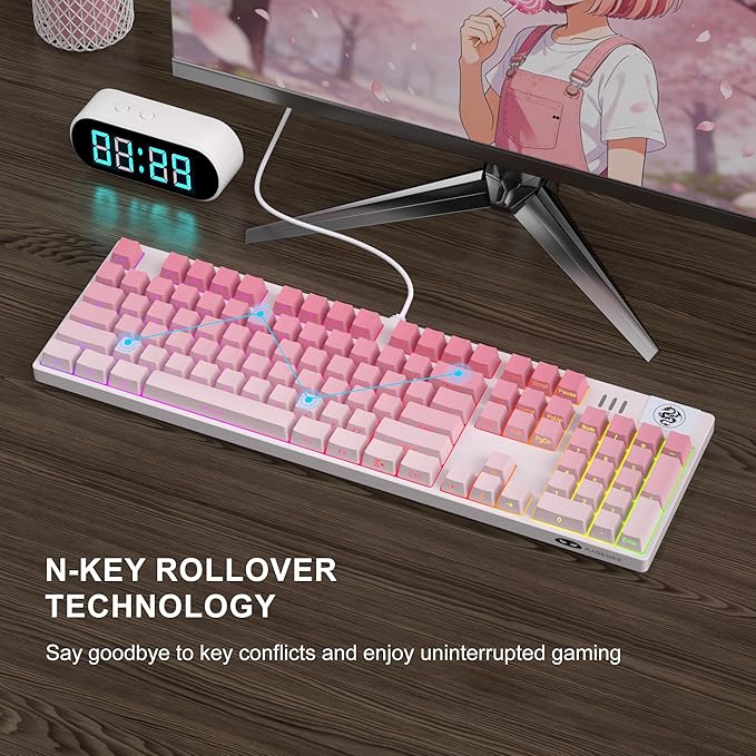 MageGee MK-Storm Mechanical Gaming Keyboard 104 Keys Wired Light Up Keyboard with Linear Red Switch RGB Backlit Side-Printed Keycaps N-Key Rollover for Laptop Desktop PC (Gradient Pink)
